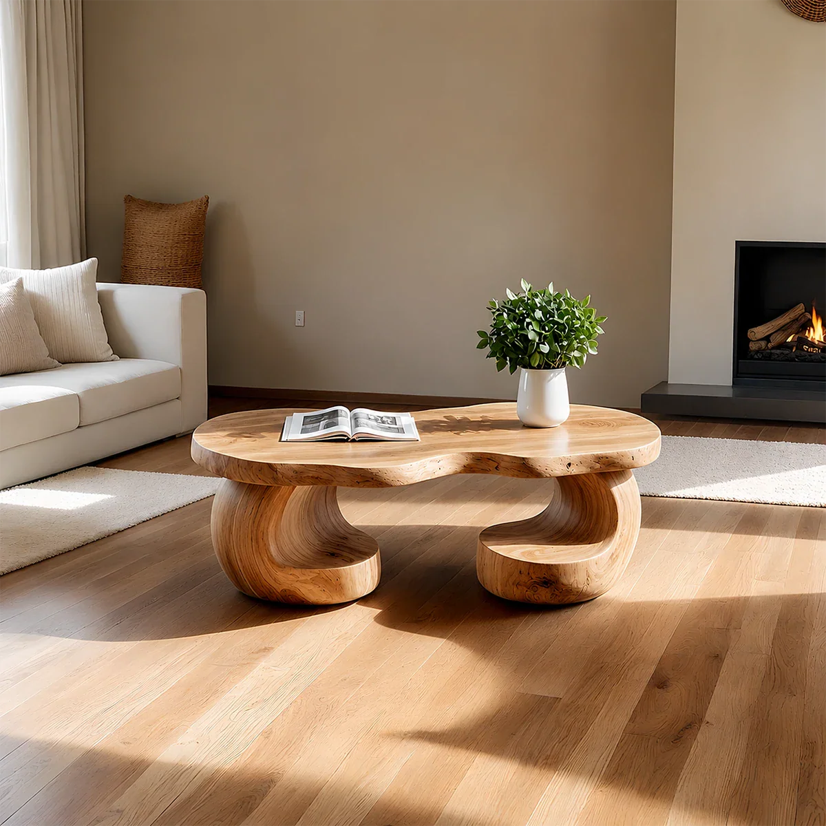 Curved Sculptural Coffee Table – Solid Wood Artistic Design for Interior Spaces