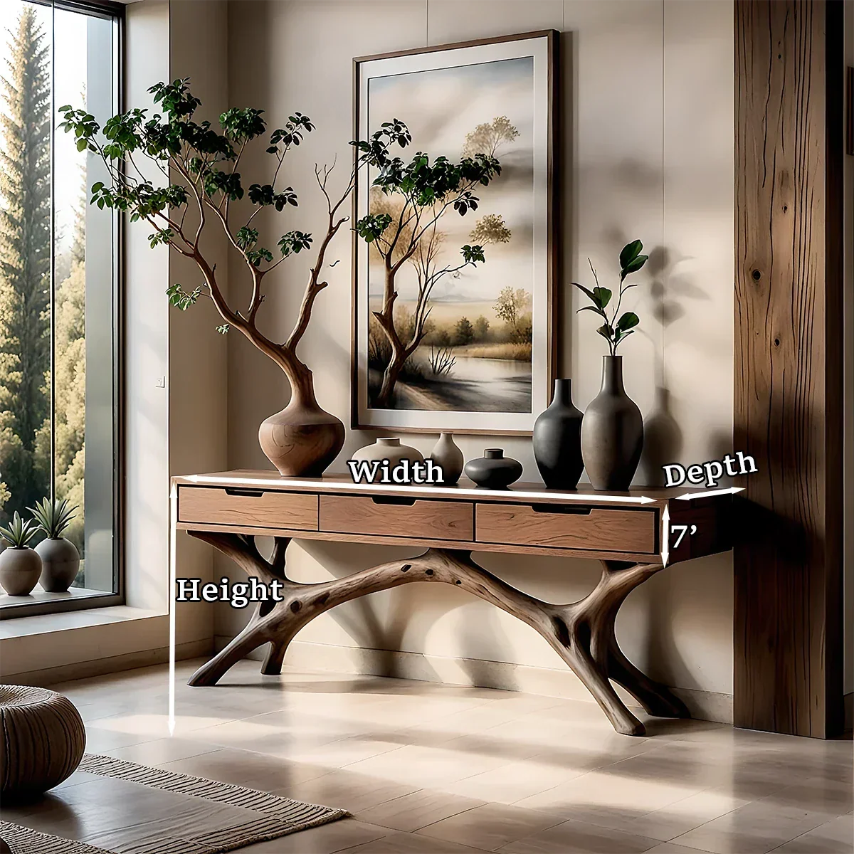 Handcrafted console table with branch base and drawers brings balance to this modern hallway