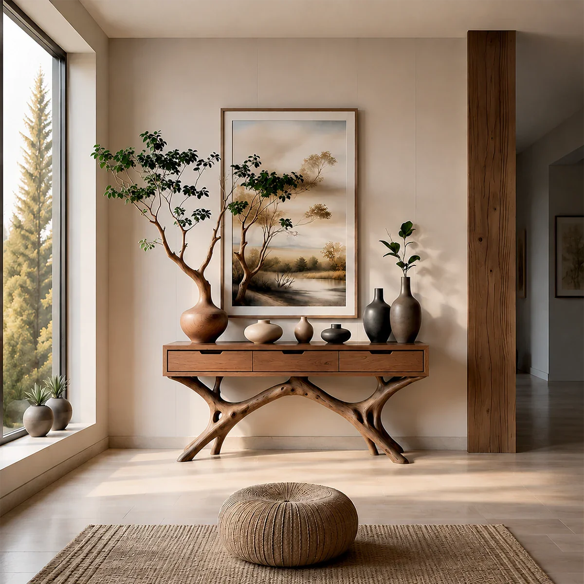 Nature-Inspired Branch Console Table in Natural Solid Wood with Drawers