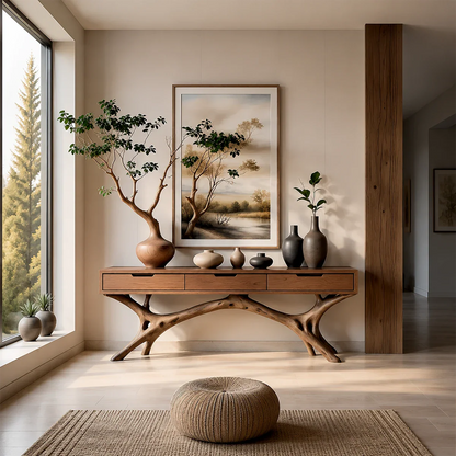 Nature-Inspired Branch Console Table in Natural Solid Wood with Drawers