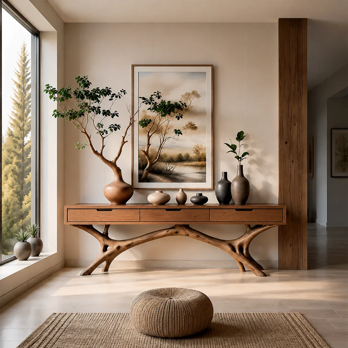 Nature-Inspired Branch Console Table in Natural Solid Wood with Drawers