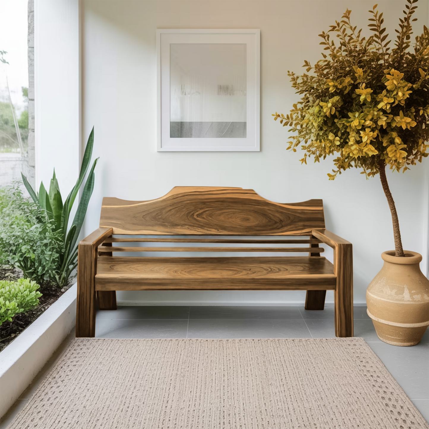 Rustic Outdoor Wooden Bench With Curved Backrest For Garden Or Porch