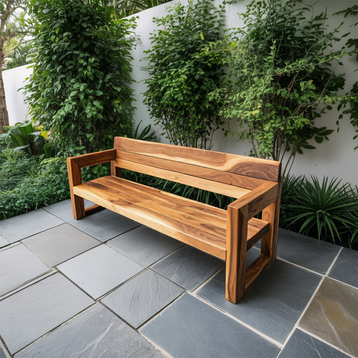 Modern Solid Wood Outdoor Bench With Armrests For Garden Or Entryway