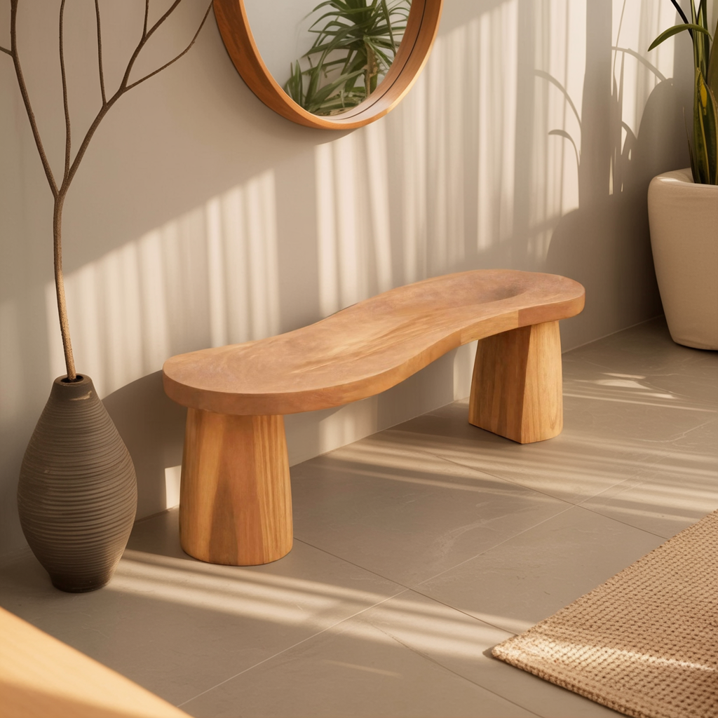 Organic Curved Wood Bench For Garden Or Entryway