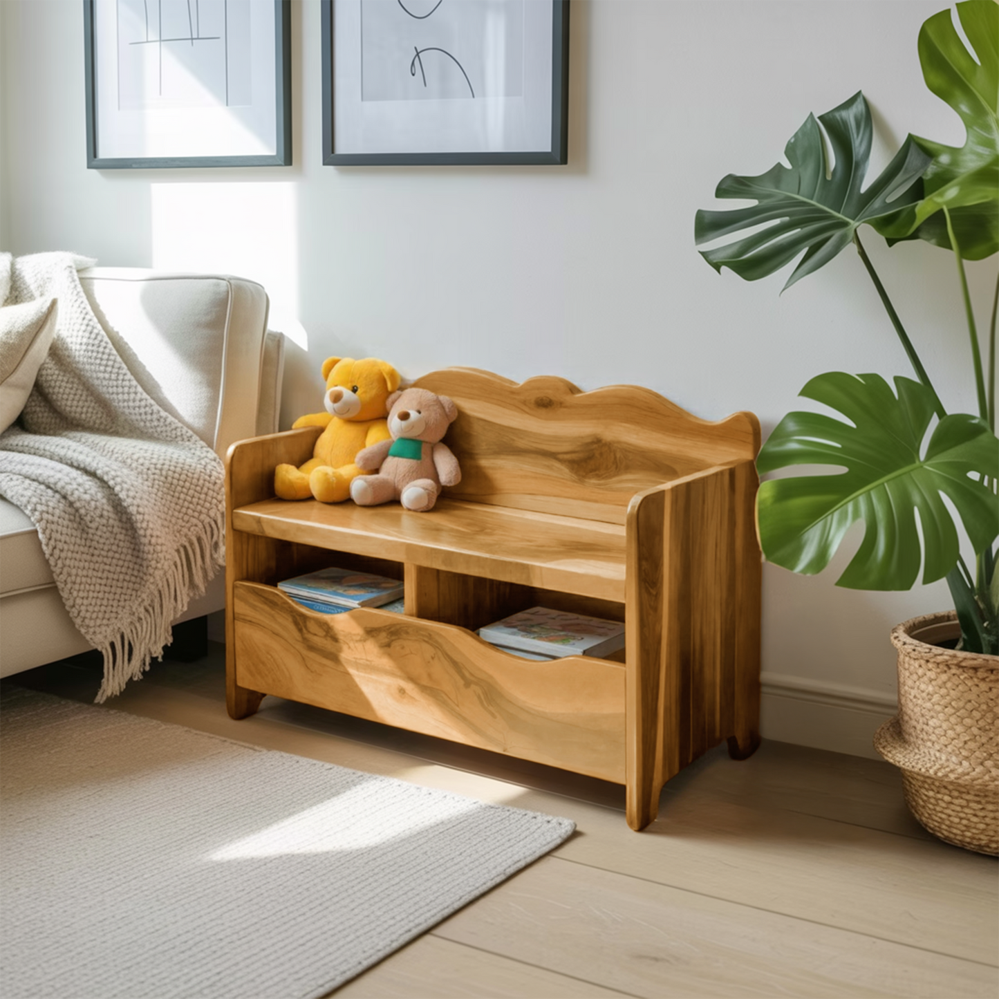 Montessori Bench With Book Storage For Kids Room Entryway And Playroom