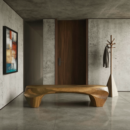 Modern Sculptural Bench And Wall Mirror For Entryway