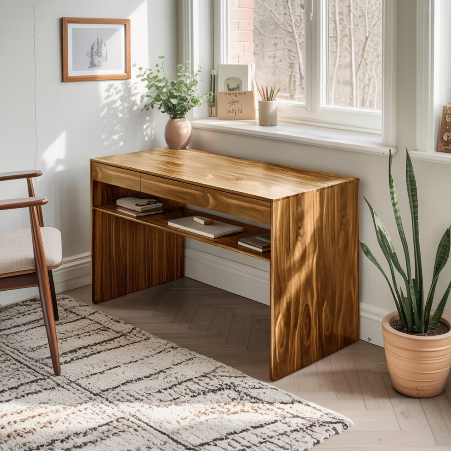 Mid Century Modern Solid Wood Writing Desk With Drawers For Home Office