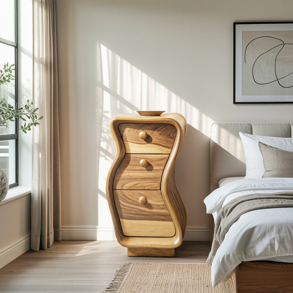 Wavy Sculpted Nightstand With Drawers For Bedroom And Contemporary Interior