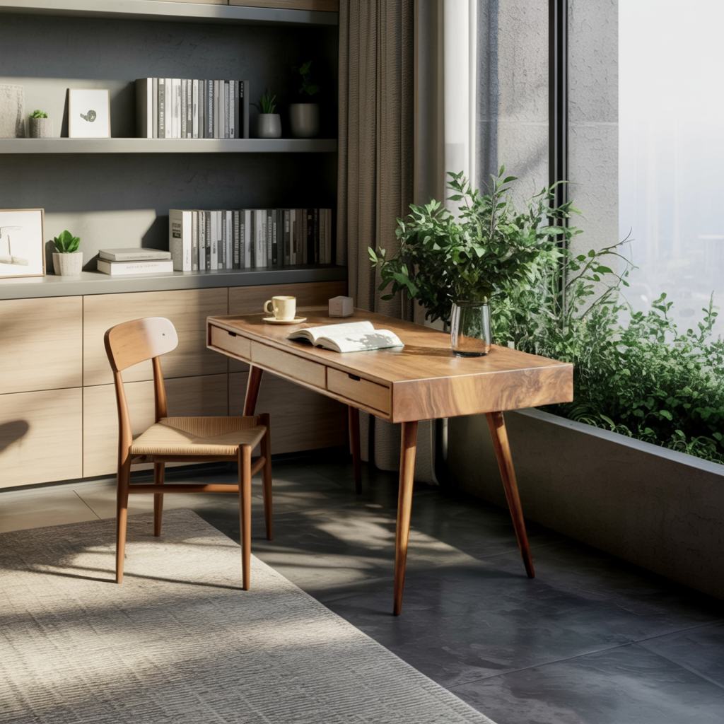 Mid Century Modern Writing Desk With Drawers For Home Office