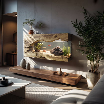 Wall Mounted Aquarium With Driftwood Frame For Living Room And Office