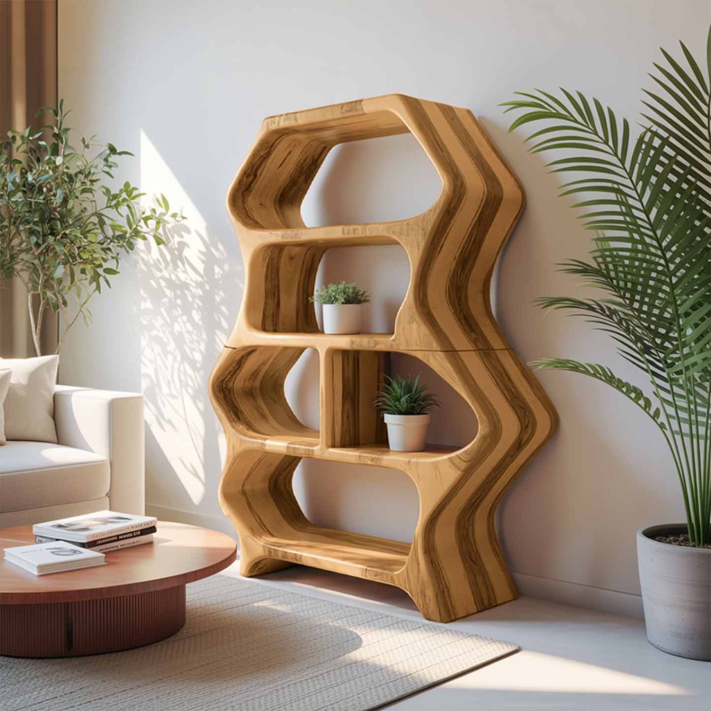Sculptural Bookshelf With Organic Carved Display For Living Room And Office