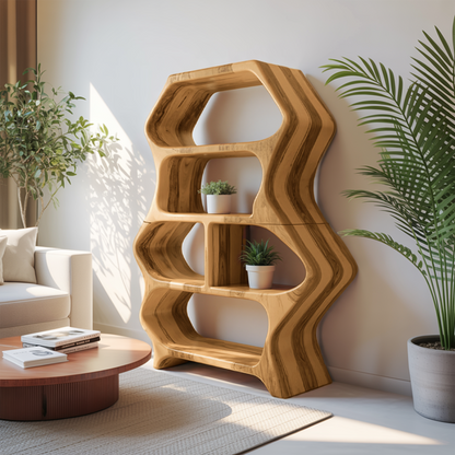 Sculptural Bookshelf With Organic Carved Display For Living Room And Office
