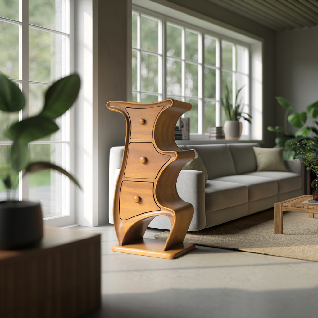 Modern Sculptural Wood Cabinet 3 Drawer Chest For Bedroom Or Living Room