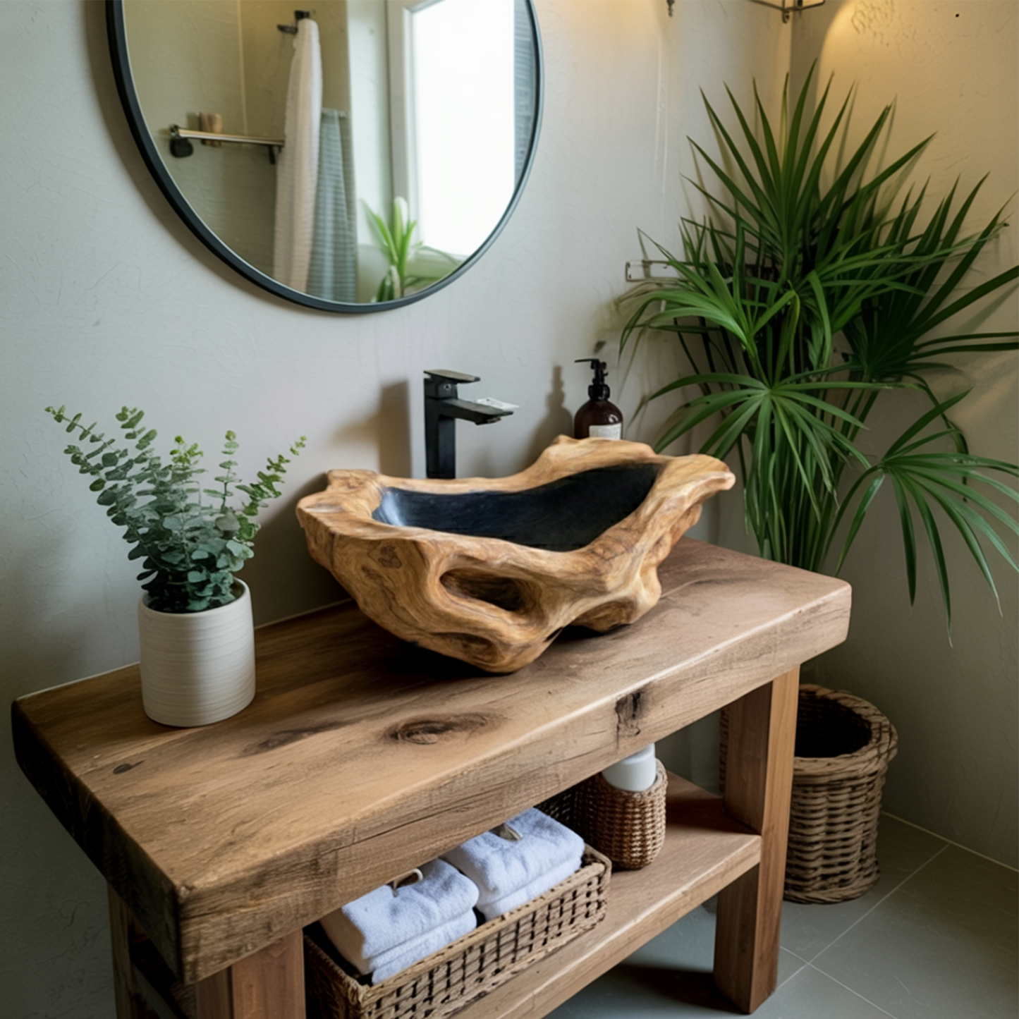Rustic Wood Wash Basin For Vintage Bathroom