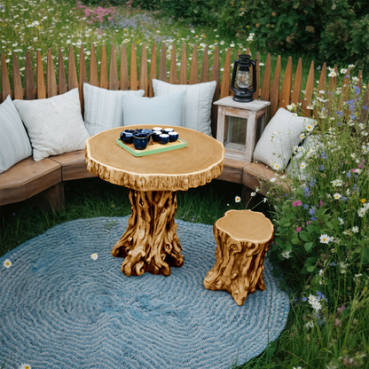 Rustic Tree Trunk Outdoor Table And Stump Seat For Garden And Patio