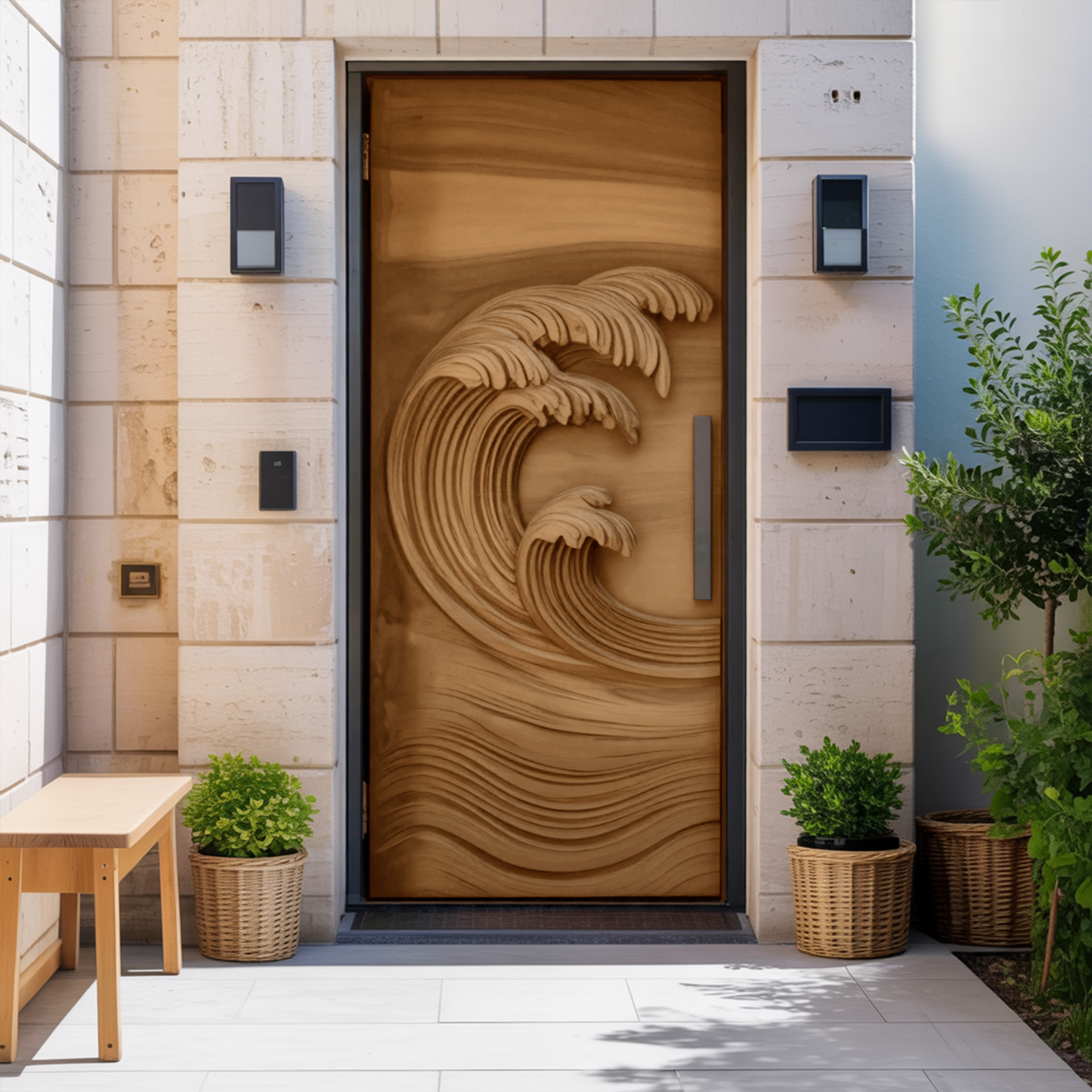 Coastal Wave Carved Door For Front Entrance And Modern Villa