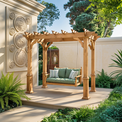 Rustic Pergola Swing Bench For Outdoor Garden And Lounge