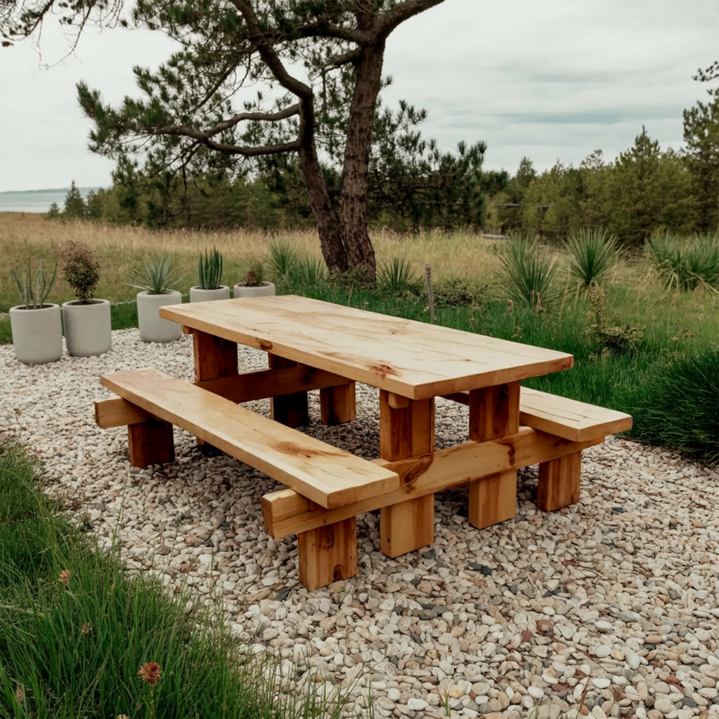 Minimalist Outdoor Picnic Table With Benches For Garden Or Cabin