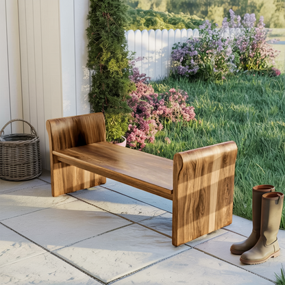 Contemporary Wood Bench With Rounded Armrests For Porch Or Garden