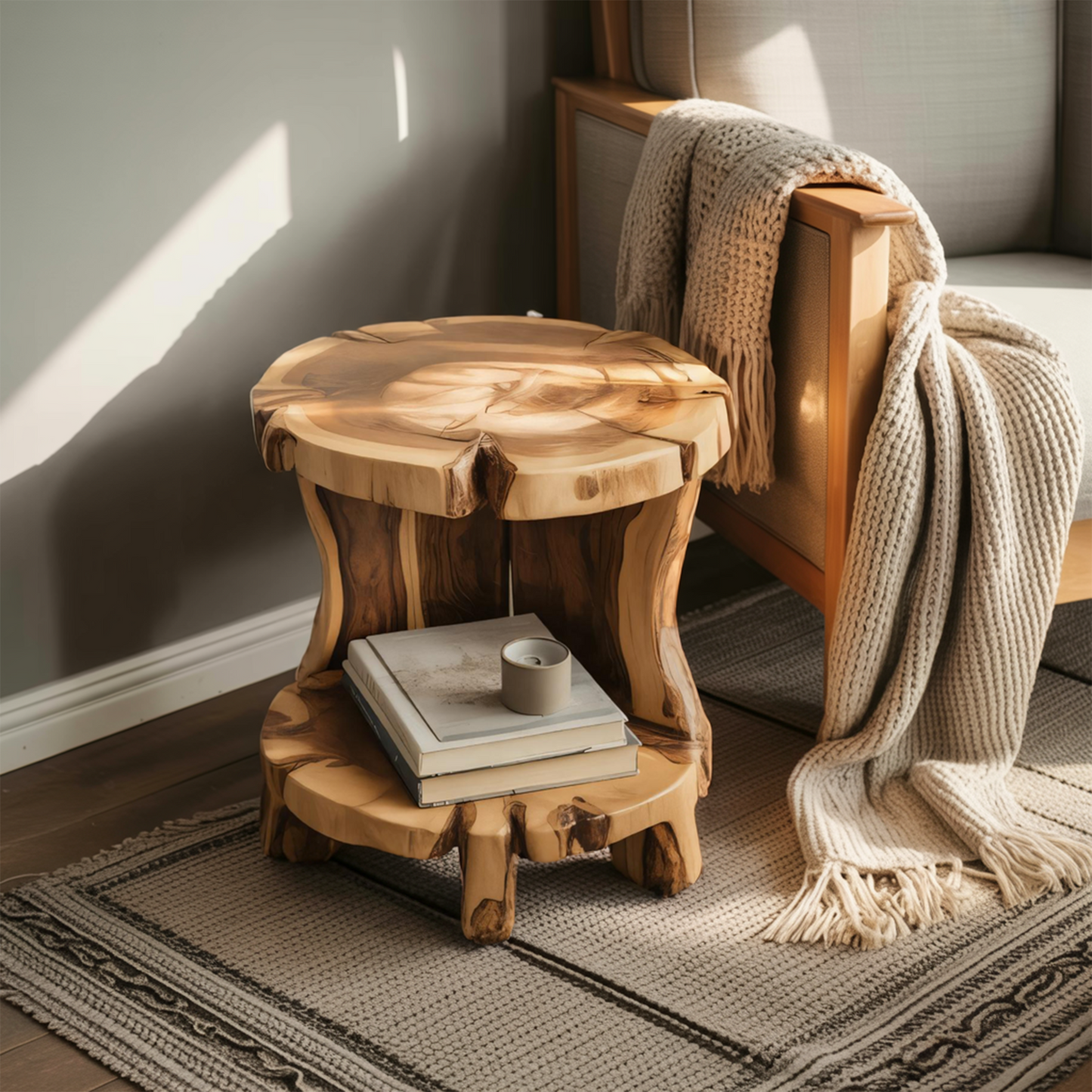 Rustic Round Side Table With Two Tier For Living Room And Bedside