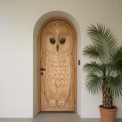 Whimsical Owl Carved Entry Door For Home Garden