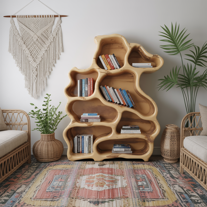 Organic Modern Bookshelf With Carved Design For Living Room And Home Library