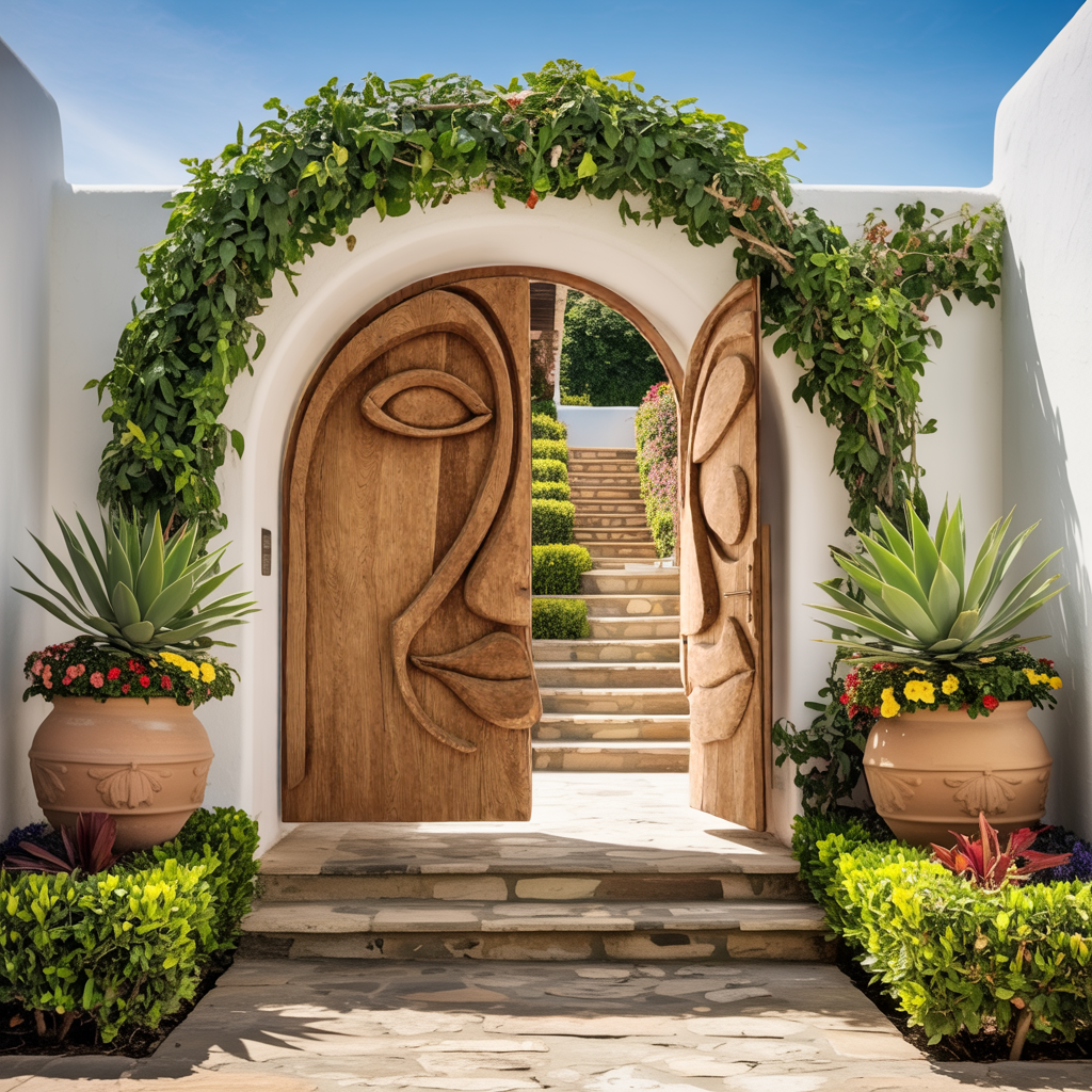 Artistic Face Carved Entry Door For Villa Entrance