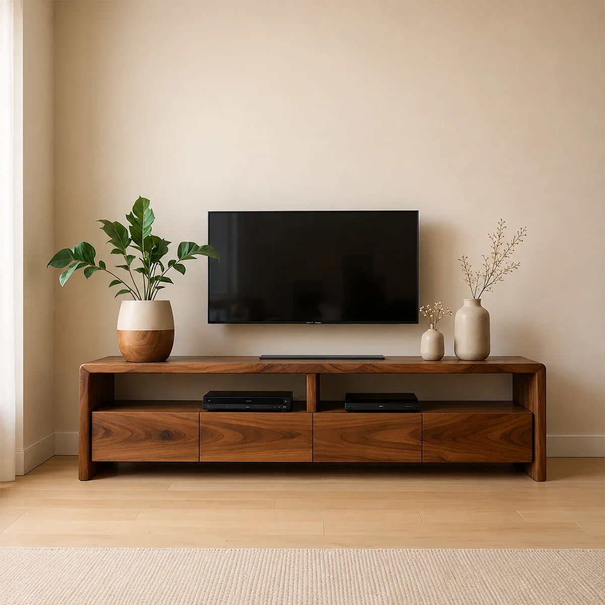 Rich brown TV stand with organic grain front panels and clean lines in a modern living room