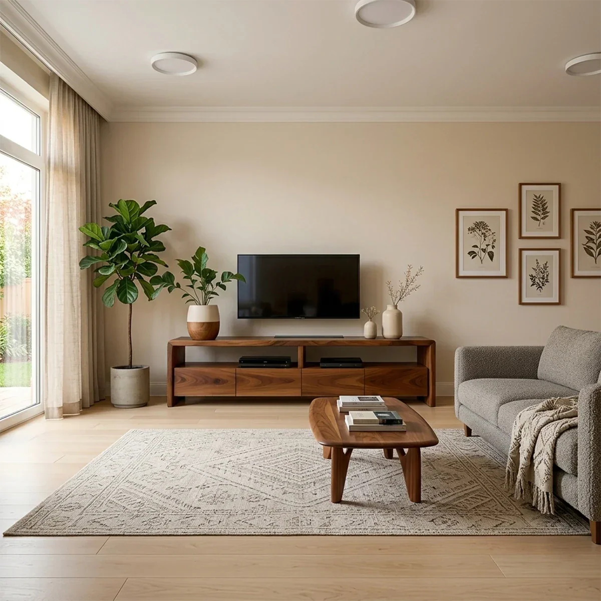 Modern TV stand in rich brown tone with flowing grain pattern and low profile in a bright interior