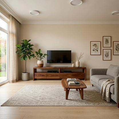Modern TV stand in rich brown tone with flowing grain pattern and low profile in a bright interior