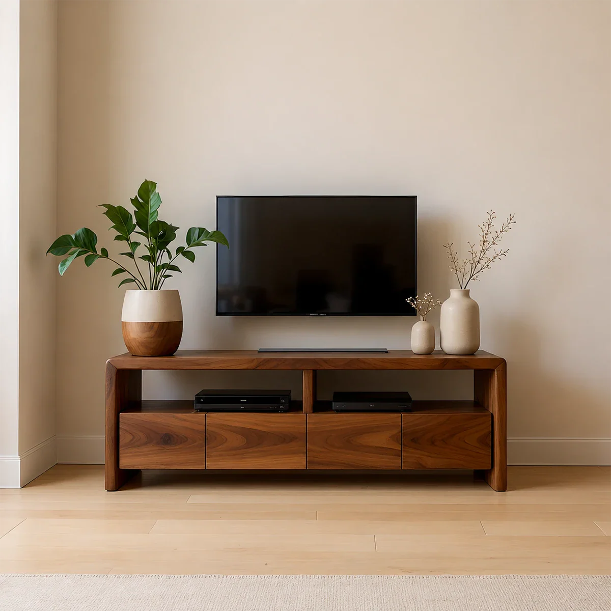 Modern Minimalist Low Profile TV Stand Solid Wood Media Console