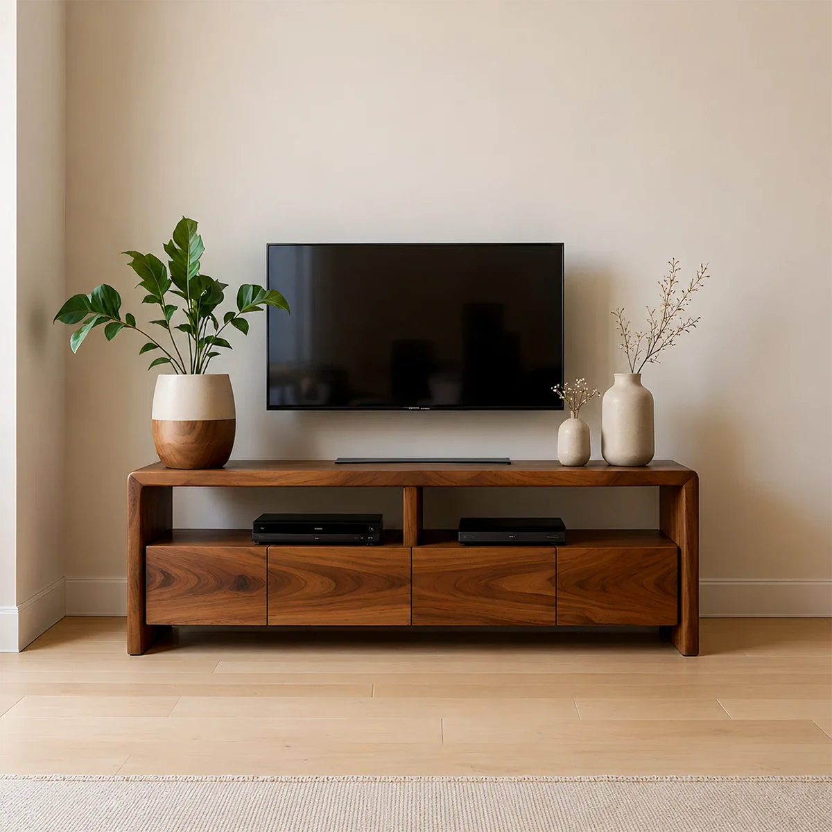 Modern Minimalist Low Profile TV Stand Solid Wood Media Console