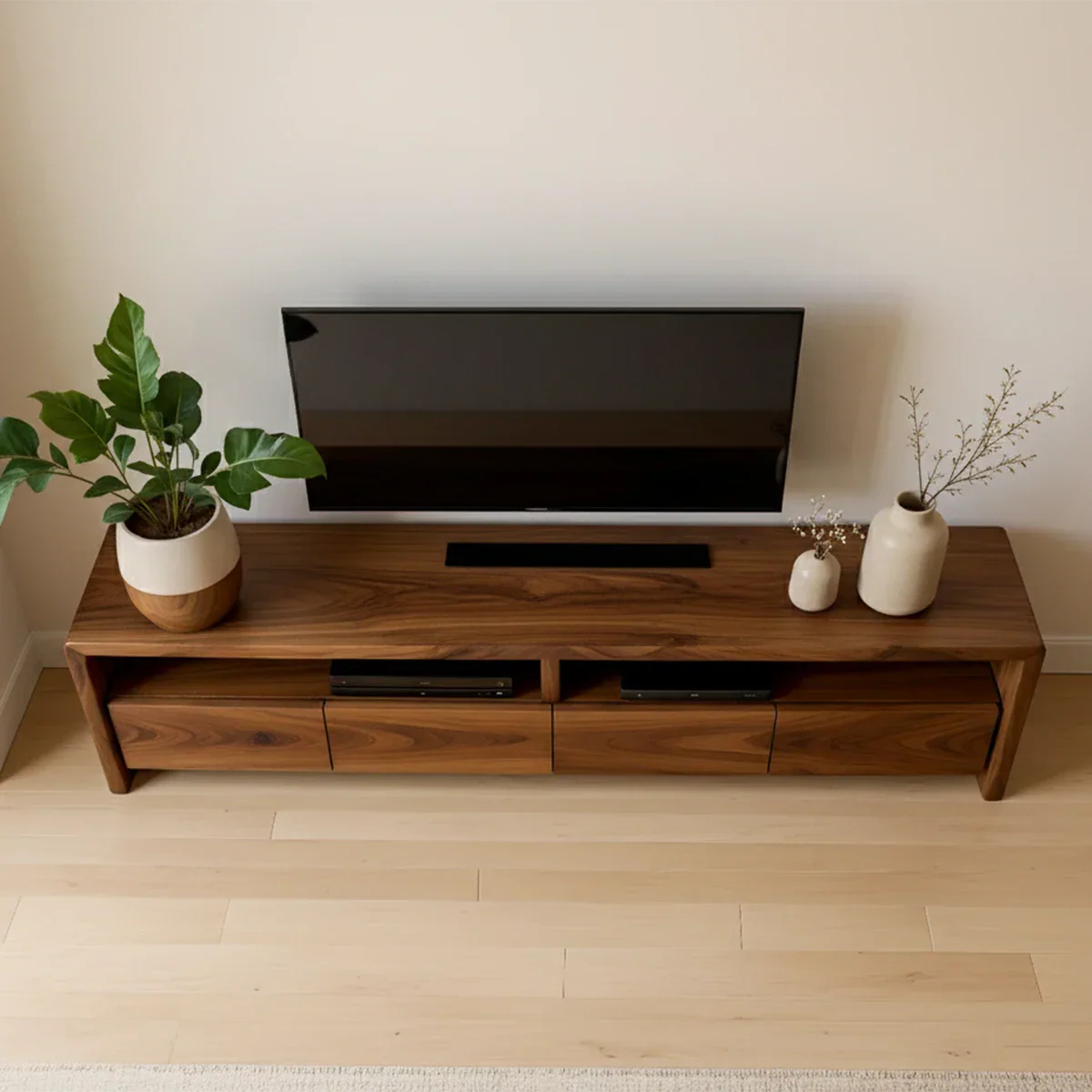 Rich brown TV stand with seamless cabinet design and organic grain texture in a modern room