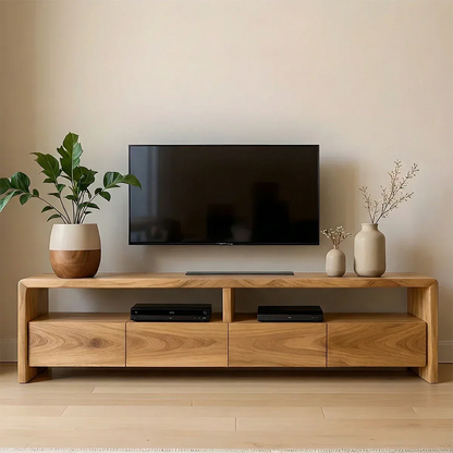 Rich oak TV stand with minimal form and smooth grain detail in a contemporary setting
