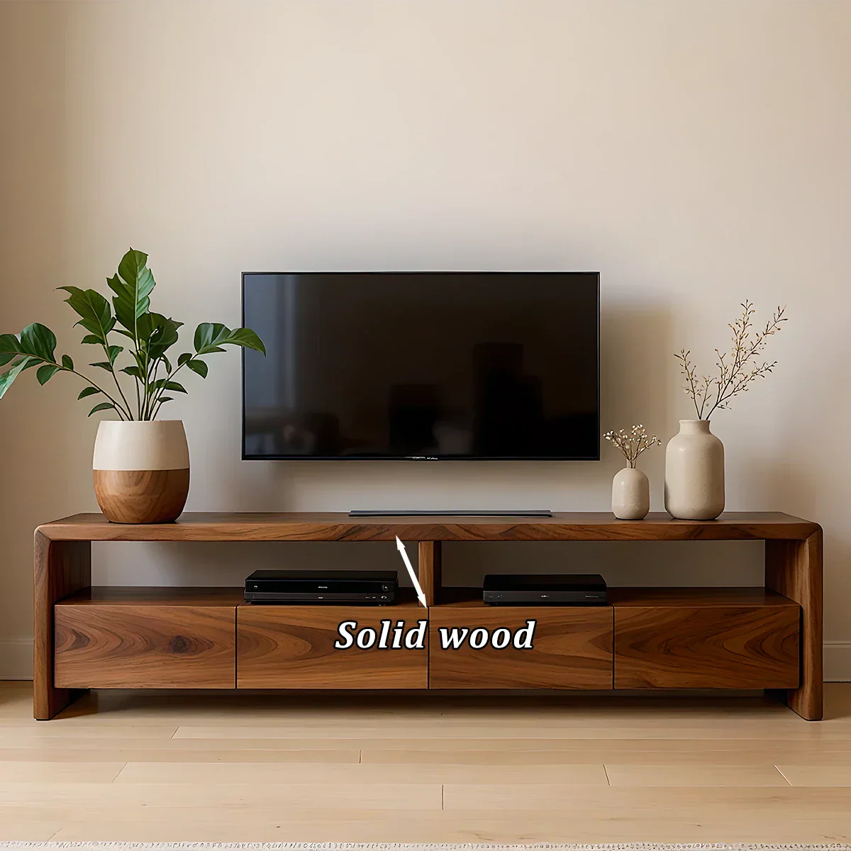 Rich brown TV stand with flowing grain front and sleek base design in a calm contemporary space