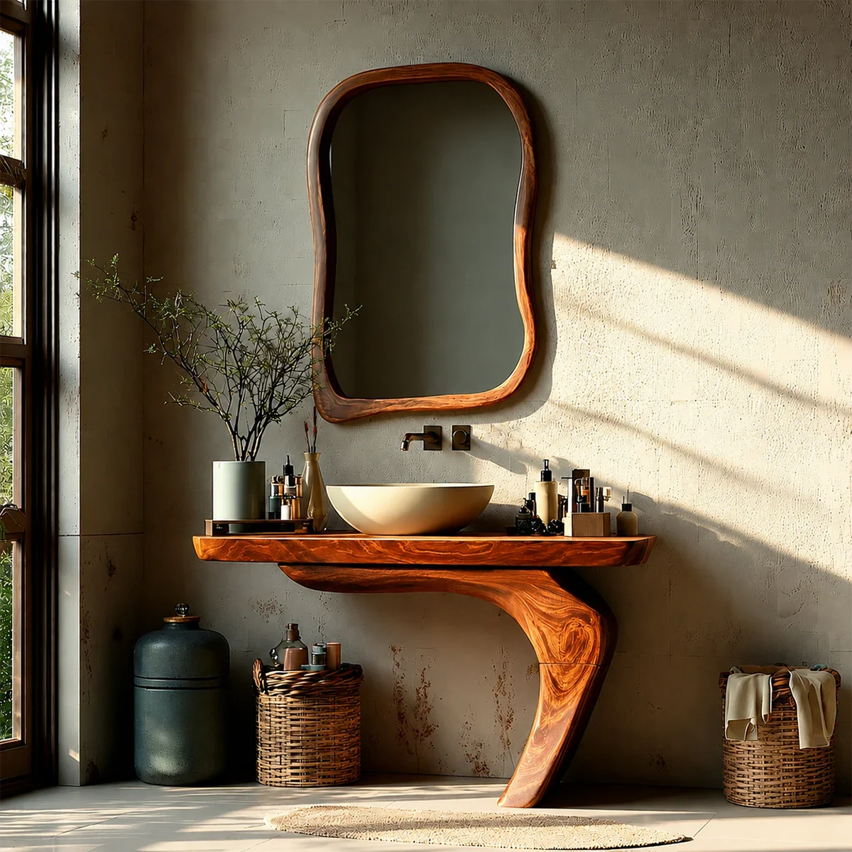 Sculptural Floating Bathroom Vanity Natural Solid Wood Handcrafted