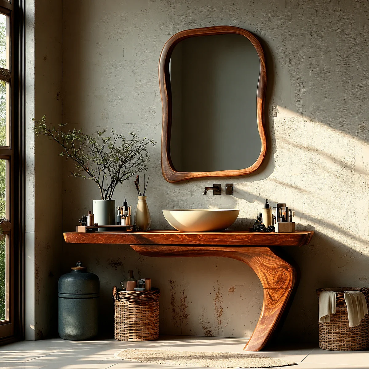 Sculptural Floating Bathroom Vanity Natural Solid Wood Handcrafted