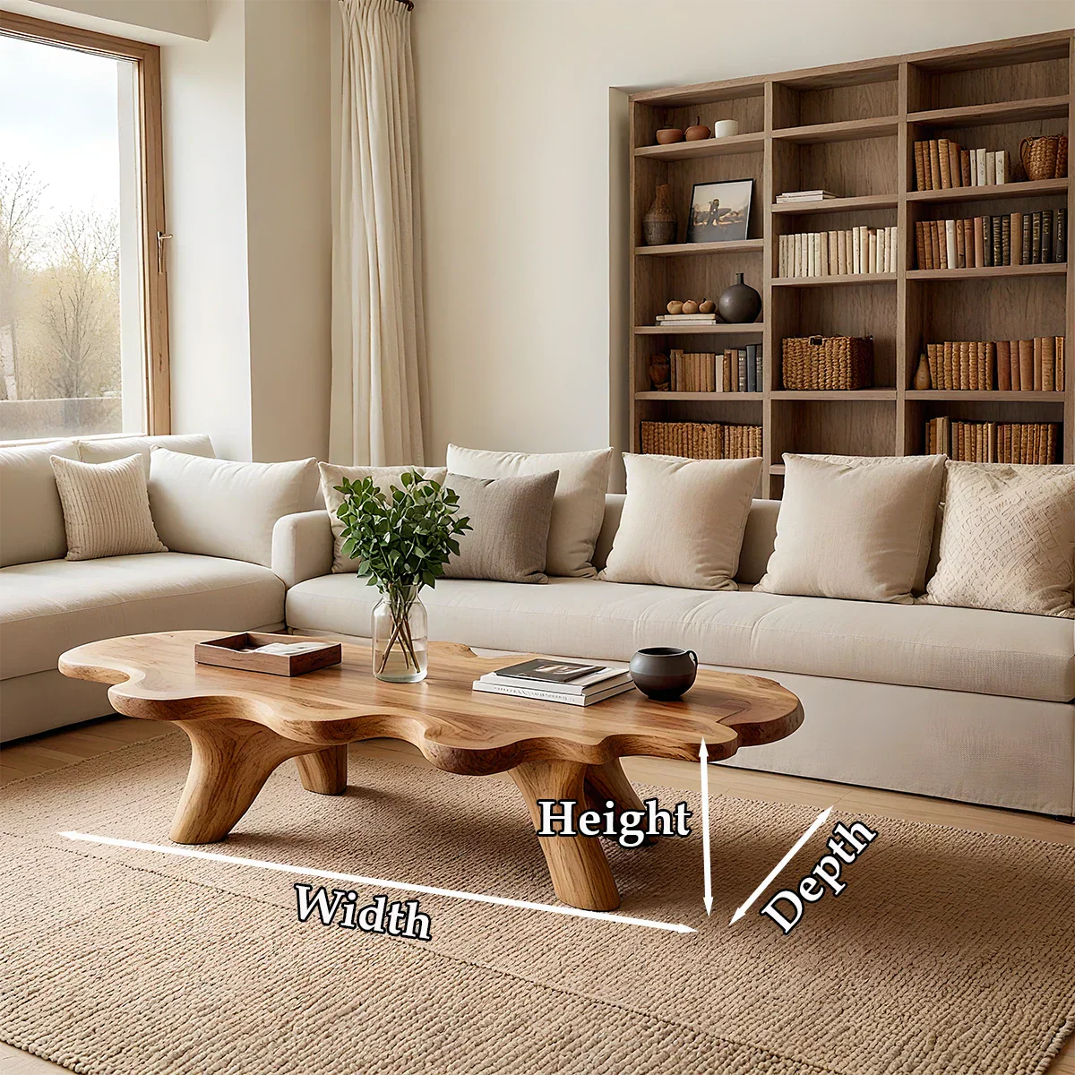 Designer brown coffee table with fluid wood form