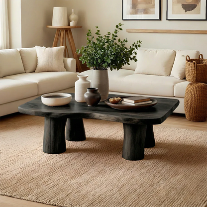 Handcrafted brown wood coffee table with thick legs