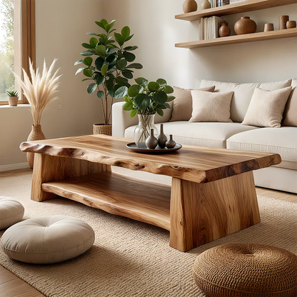 Brown wood coffee table with live edge top