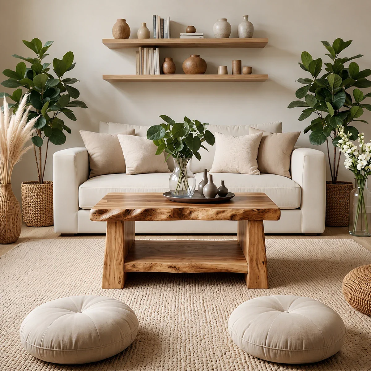 Luxury Coffee Table with Shelf – Solid Wood Minimalist Living Room Table