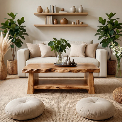 Luxury Coffee Table with Shelf – Solid Wood Minimalist Living Room Table