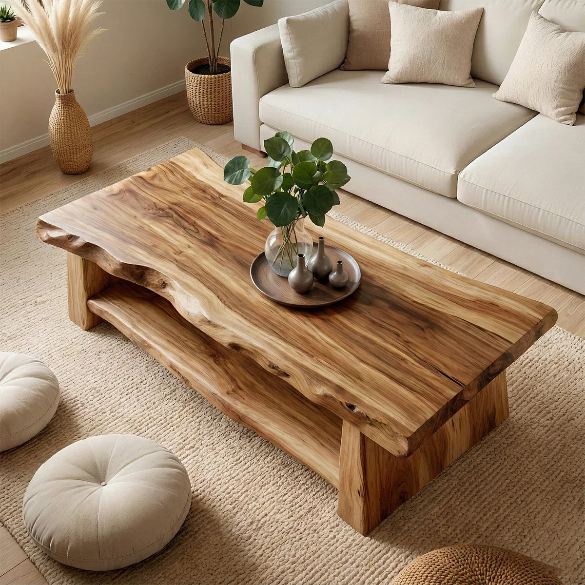 Brown wood table with organic grain and slab edge