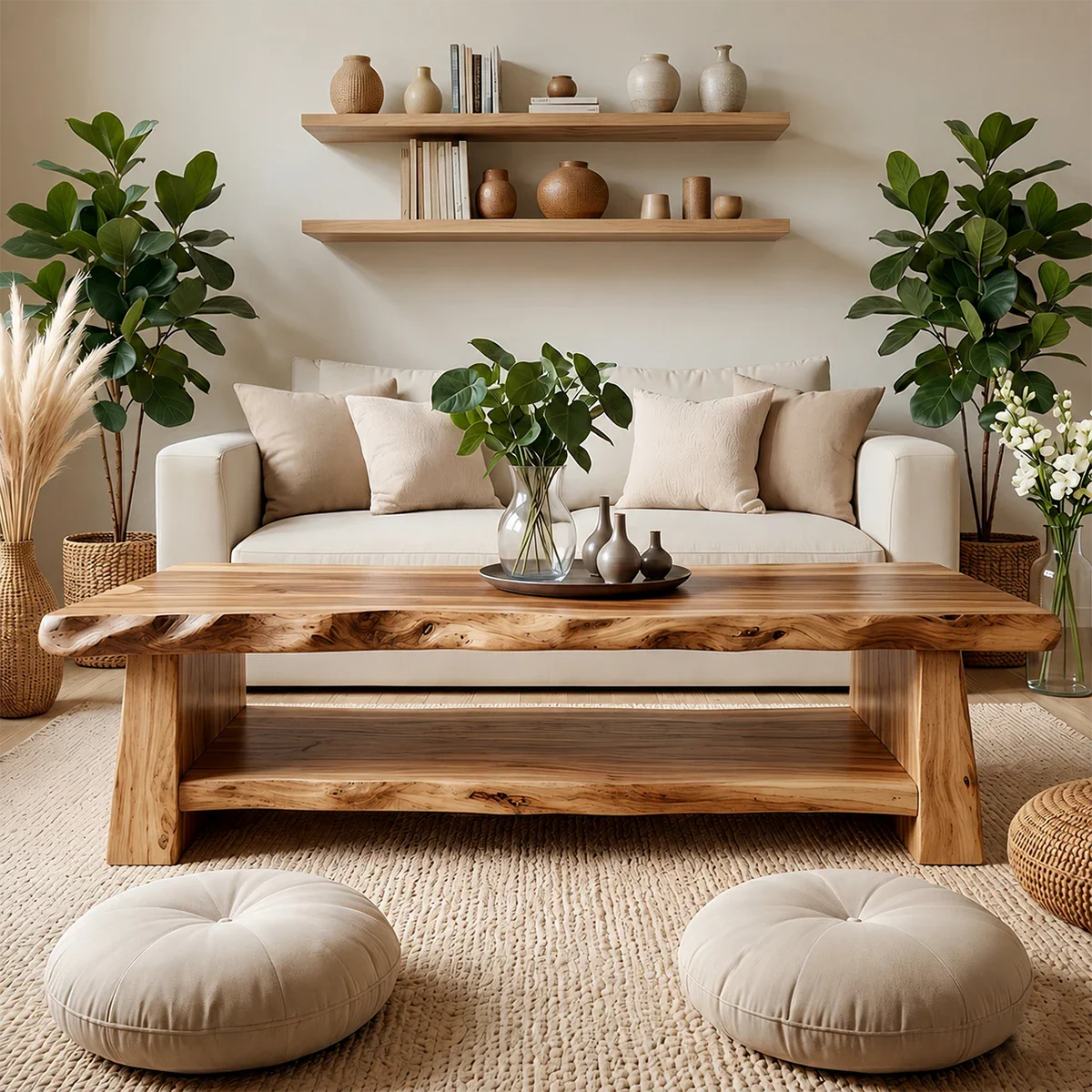 Luxury Coffee Table with Shelf – Solid Wood Minimalist Living Room Table