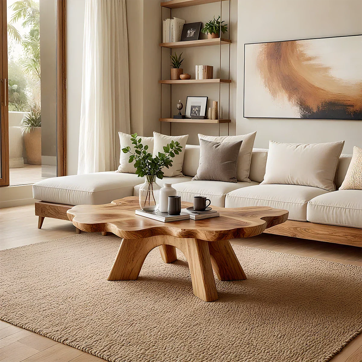 Organic brown wood coffee table with petal shape