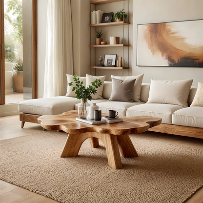 Organic brown wood coffee table with petal shape