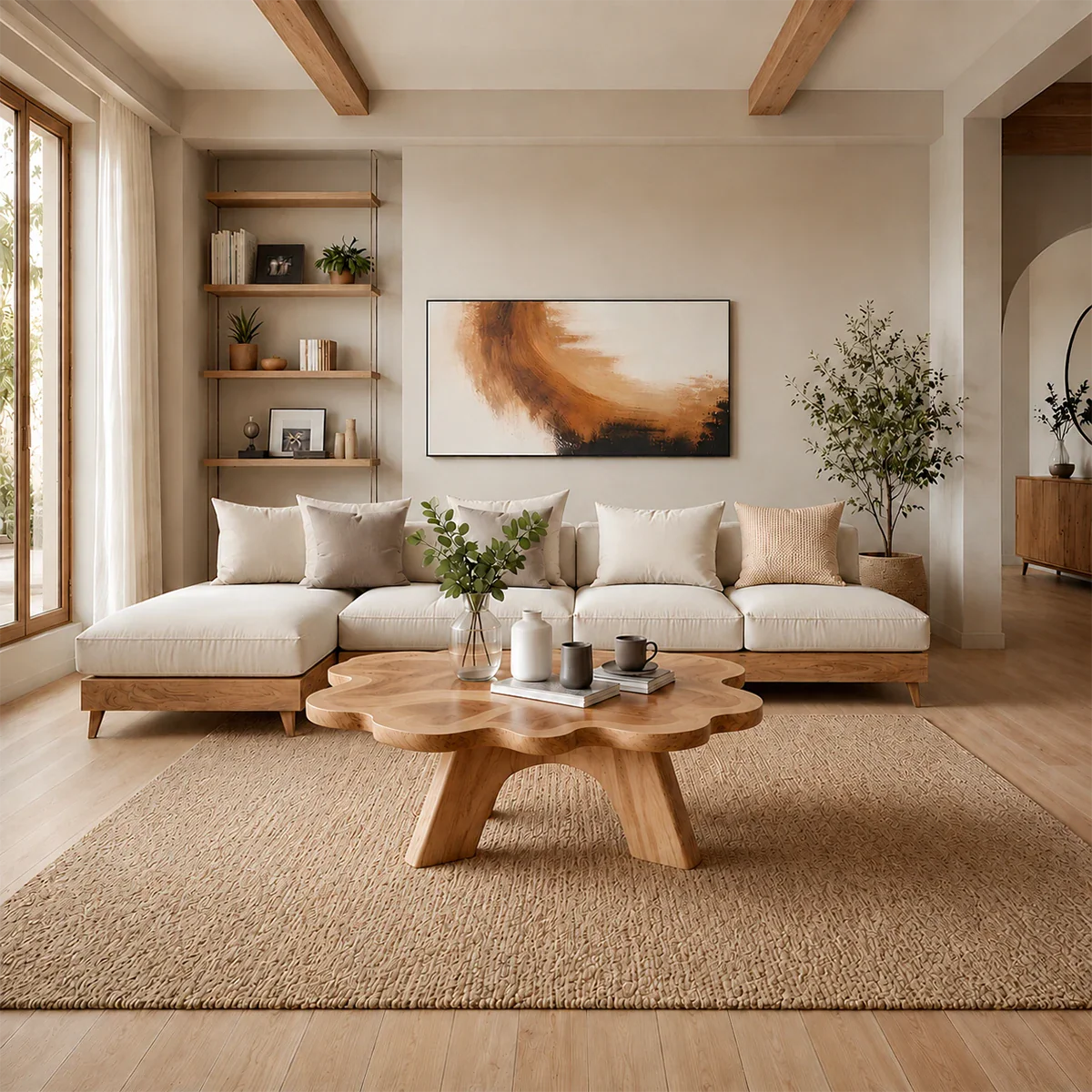 Organic Shape Coffee Table – Solid Wood Minimalist Living Room Table