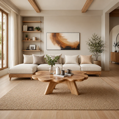 Organic Shape Coffee Table – Solid Wood Minimalist Living Room Table