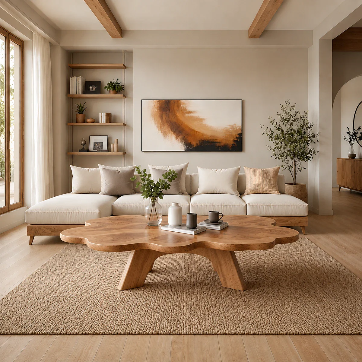 Organic Shape Coffee Table – Solid Wood Minimalist Living Room Table