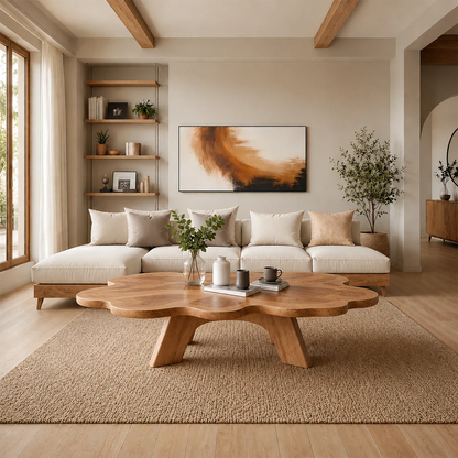 Organic Shape Coffee Table – Solid Wood Minimalist Living Room Table